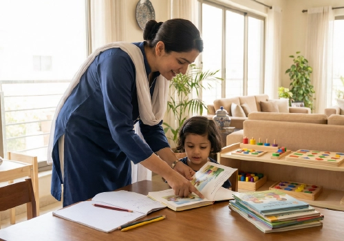 Professional babysitter performing childcare duties in a modern Karachi home.