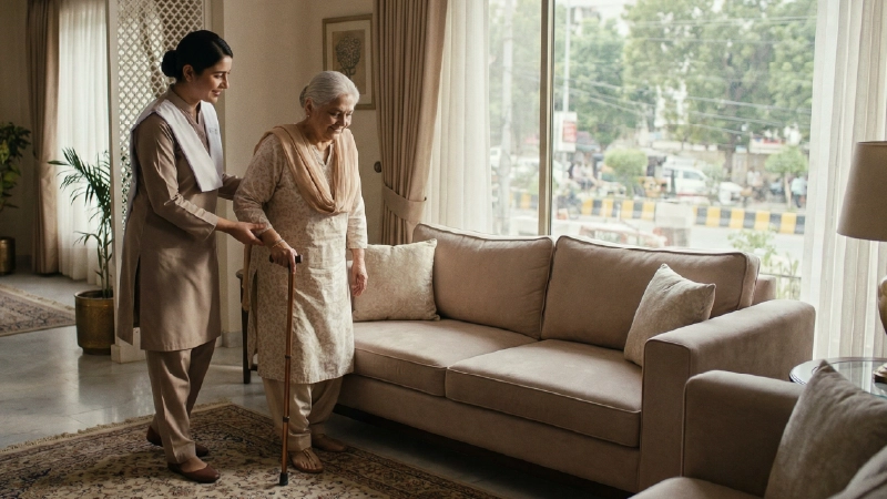 Compassionate elderly caregiver assisting a senior patient at home in Karachi through a trusted domestic service provider.