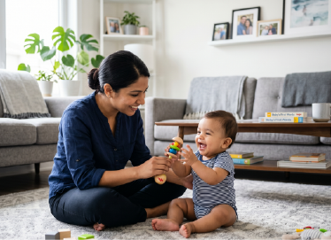 Professional nanny interacting safely with an infant during a home trial