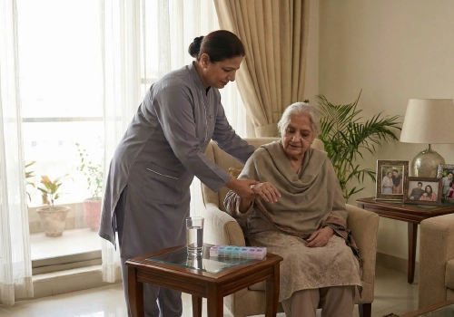 Professional patient attendant performing elderly home care duties in Karachi.