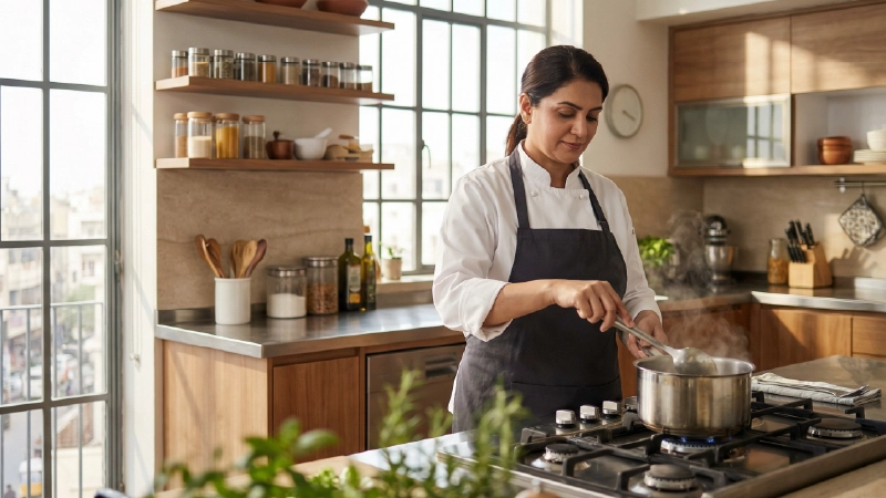 Skilled professional cook preparing meals in a modern Karachi home through a trusted domestic service provider.