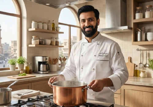 Trusted domestic cook preparing meals in a modern Karachi home, provided by a professional domestic service provider.
