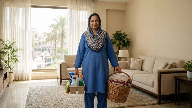 Reliable house helper performing household duties in a modern Karachi home through a trusted domestic service provider.
