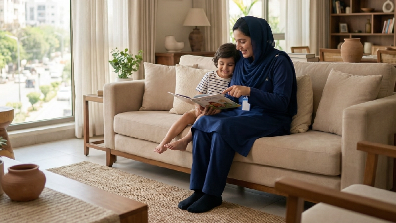 Trusted live-in nanny caring for a child in a modern Karachi home through a professional domestic service provider.