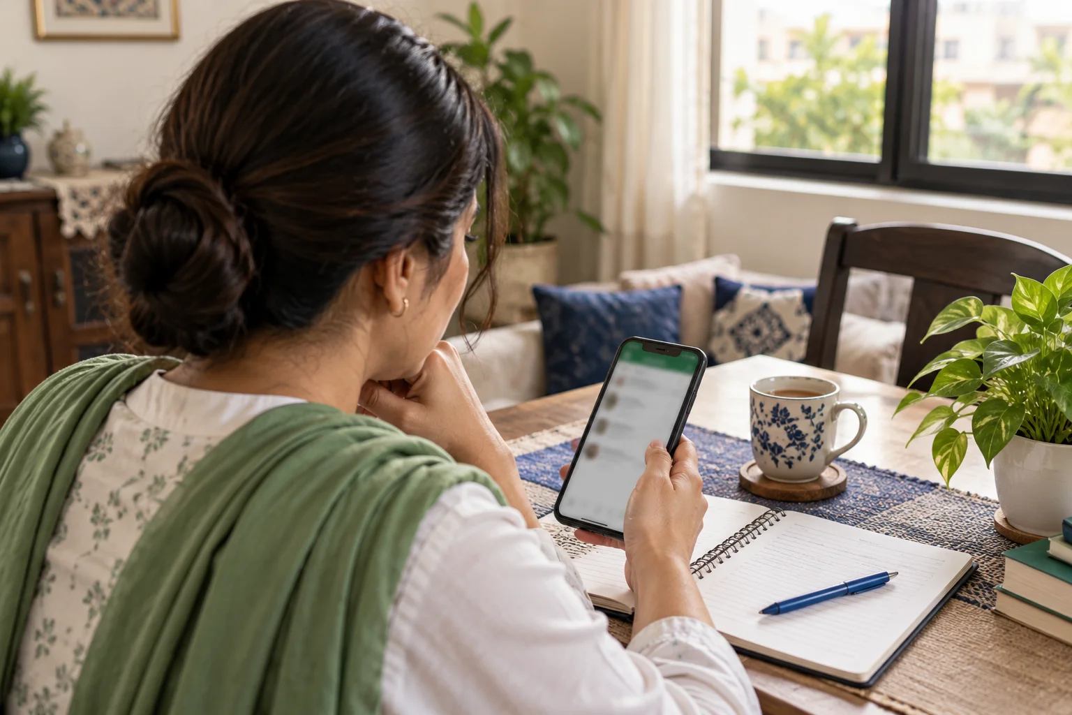 Job seeker checking a smartphone beside an open notebook and pen