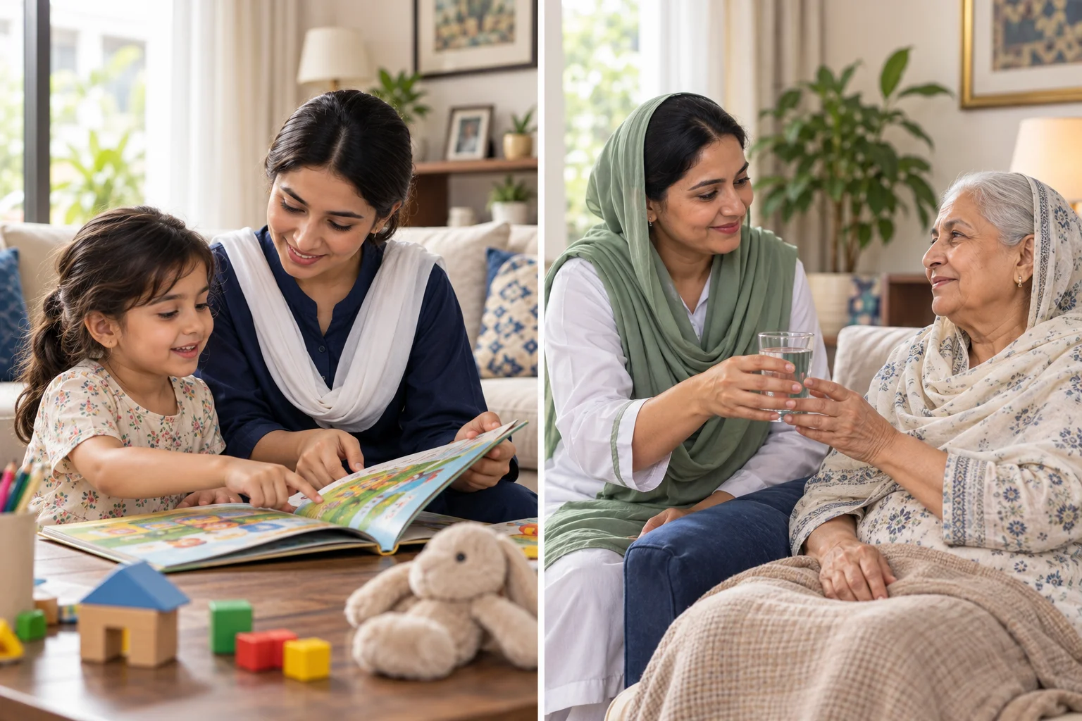 Babysitter reading with a child beside a scene of an attendant offering an older adult water
