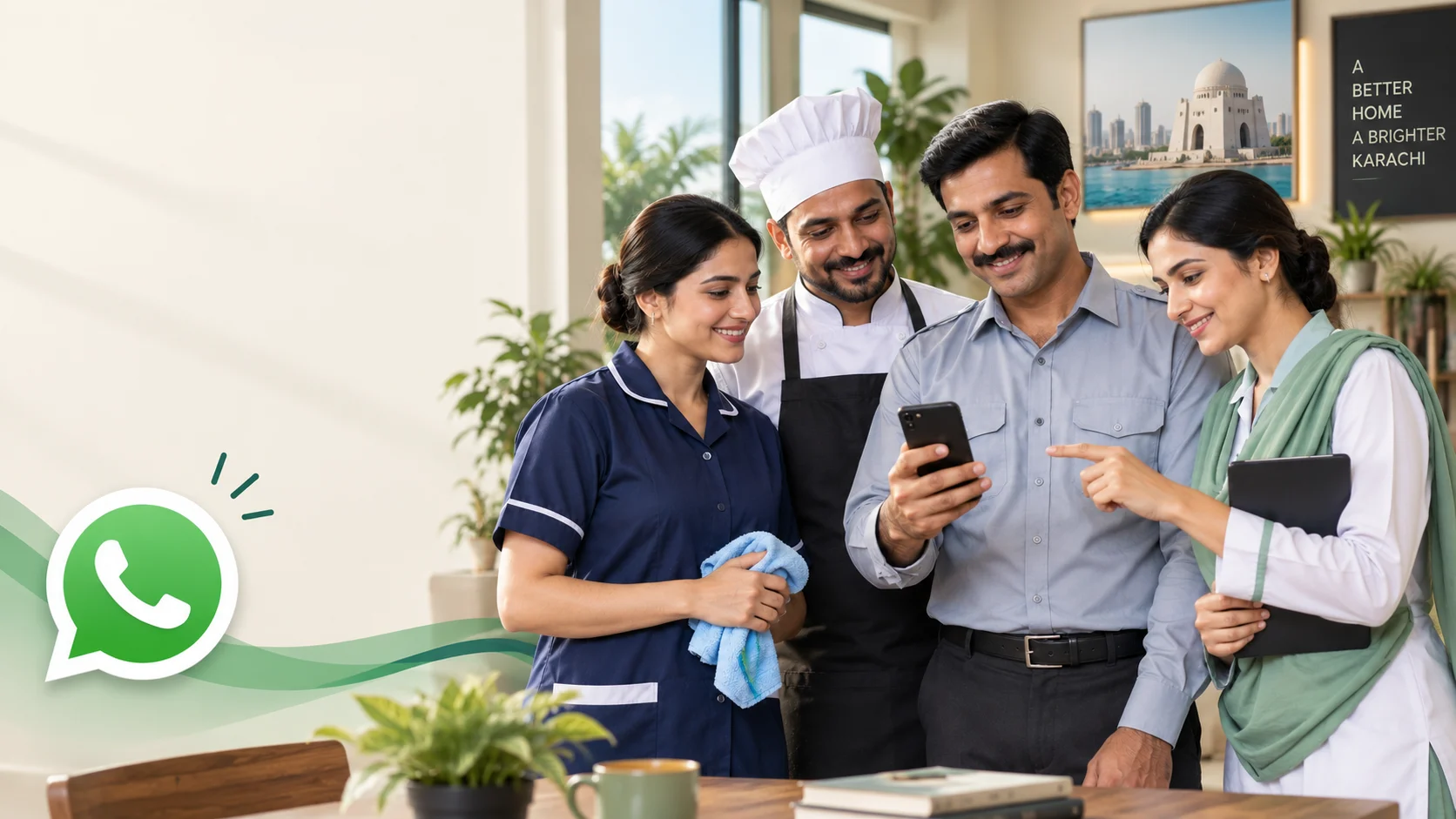 Housekeeper, cook, driver and caregiver gathered around a smartphone
