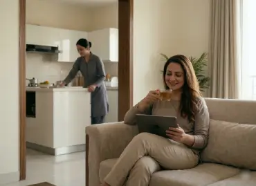 A medium close-up in a cozy, organized Karachi family home. A relieved Pakistani mother in casual clothes smiles and sips tea on a sofa while a professional house maid in a grey uniform s busy cleaning in the background doorway.