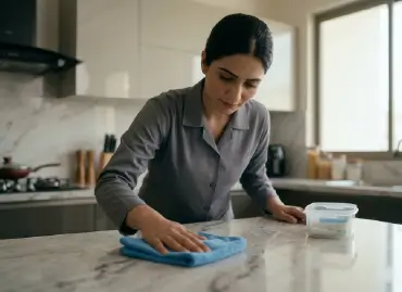 A detailed, natural light close-up photograph of a professional Pakistani house maid (mid-20s, in a grey uniform) meticulously polishing a marble kitchen counter with a clean cloth, illustrating pride and care.