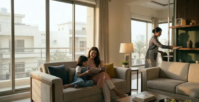 A wide, sun-drenched photograph inside a modern Karachi apartment. A mother and young daughter smile and relax on a sofa while a professional Pakistani house maid in a grey uniform carefully wipes a shelf in the background.
