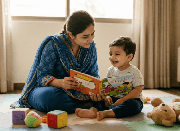 Compassionate Pakistani nanny reading a picture book with a laughing toddler in a nursery.