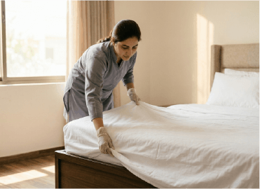 Diligent Pakistani house maid making a bed and cleaning a modern, tidy apartment bedroom.