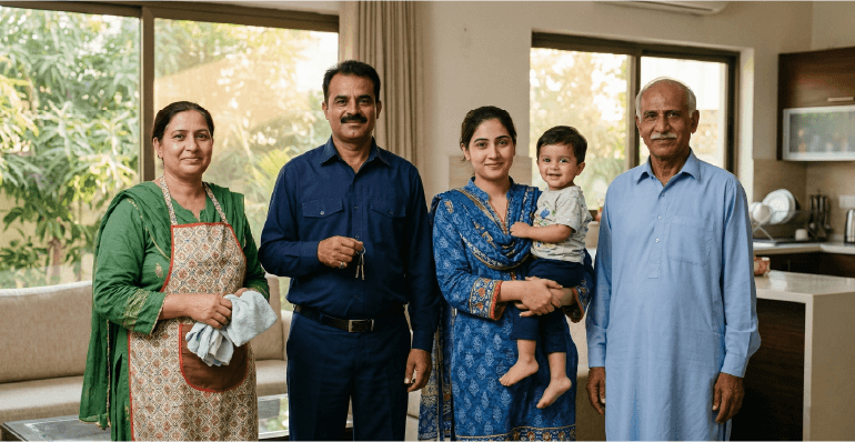 Verified domestic staff in a Karachi home including a maid, nanny, driver, and cook smiling with a child.