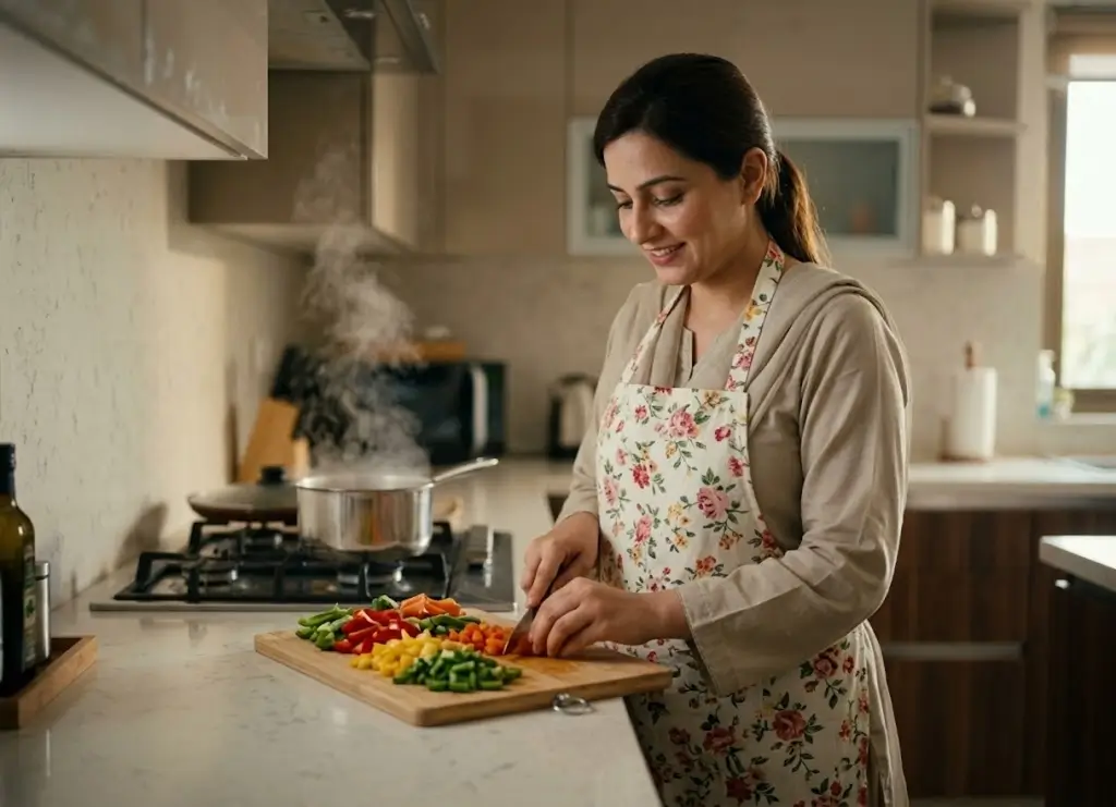 A skilled Pakistani home cook in a floral apron expertly dicing fresh, colorful vegetables on a quartz kitchen counter, representing specialized domestic skill and value