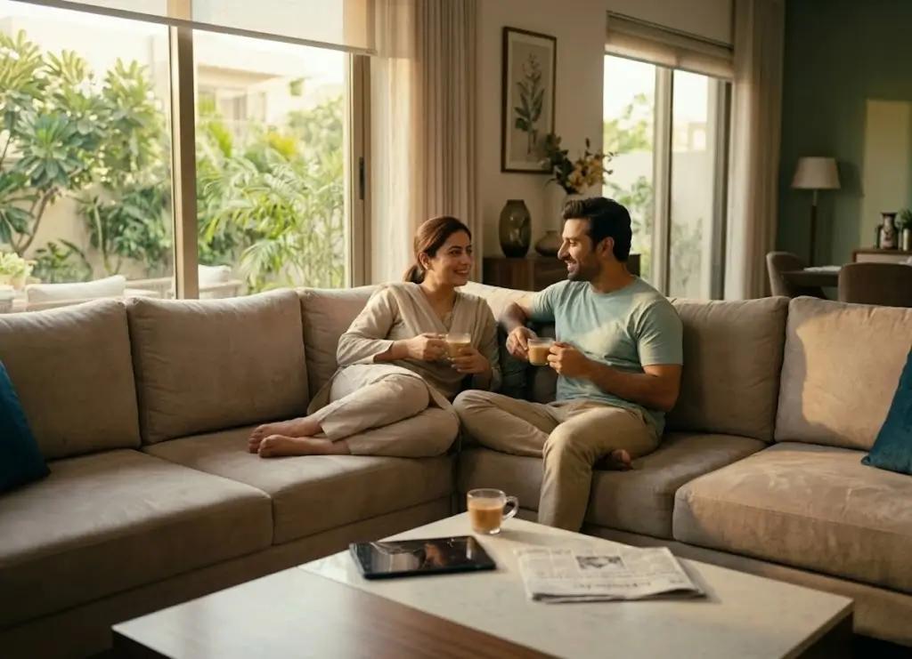 A relaxed Pakistani couple casually dressed, sitting comfortably on their plush living room sofa, enjoying their free time because they hired verified domestic staff