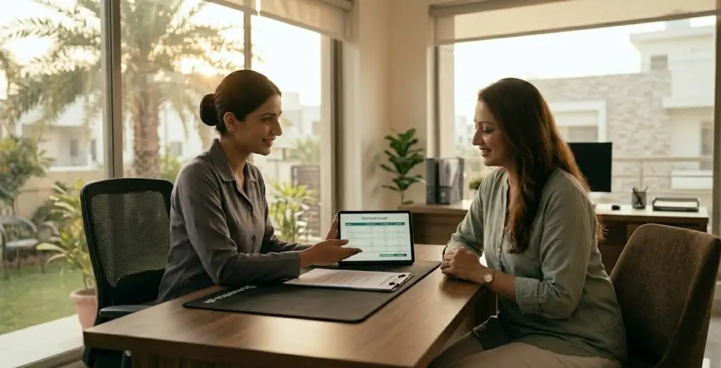 A professional Domestica agency representative in Karachi sitting at a modern desk during golden hour, smiling and clearly explaining a service contract and rates chart to a relieved client